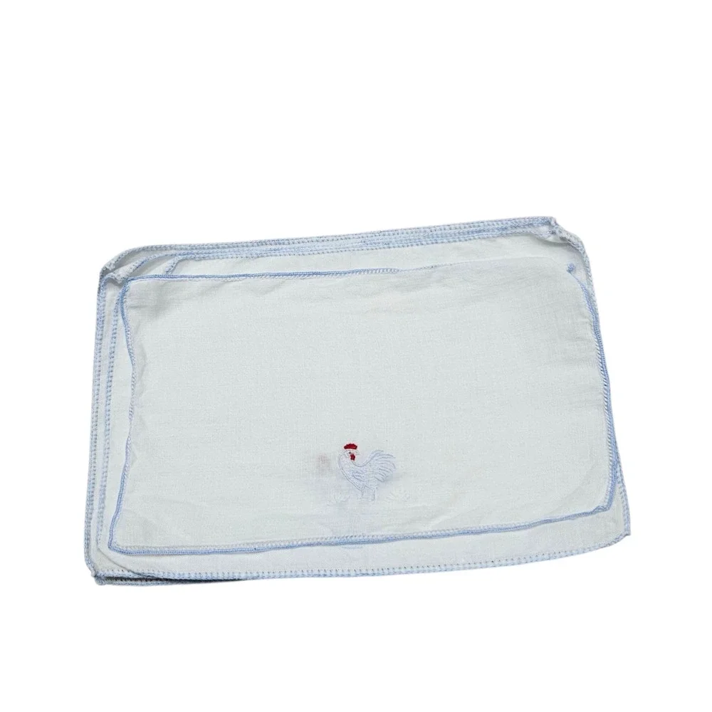 Vintage Country Set of 8 Embroidered Linen Cocktail Napkins‎ White Blue Chicken